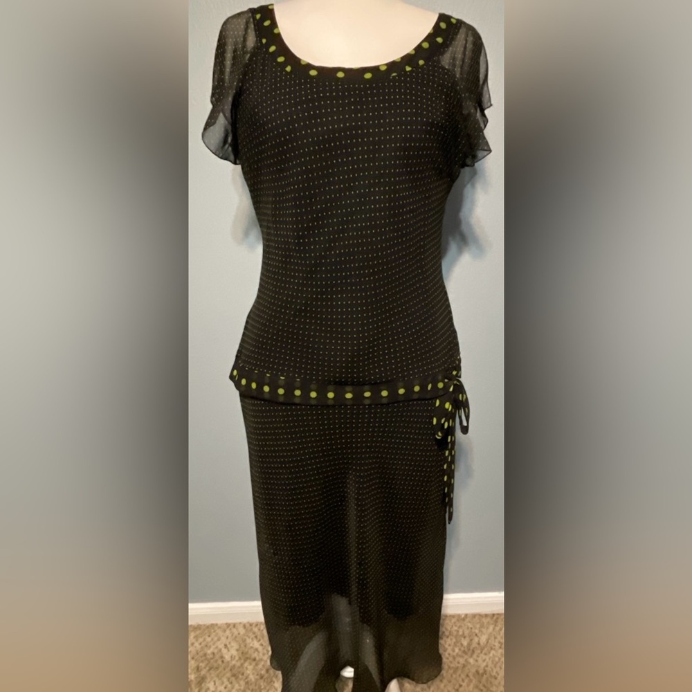 Vtg Y2K Believe Black Green Polka Dot Mesh Midi Dress Whimsygoth Fairy Size 12
